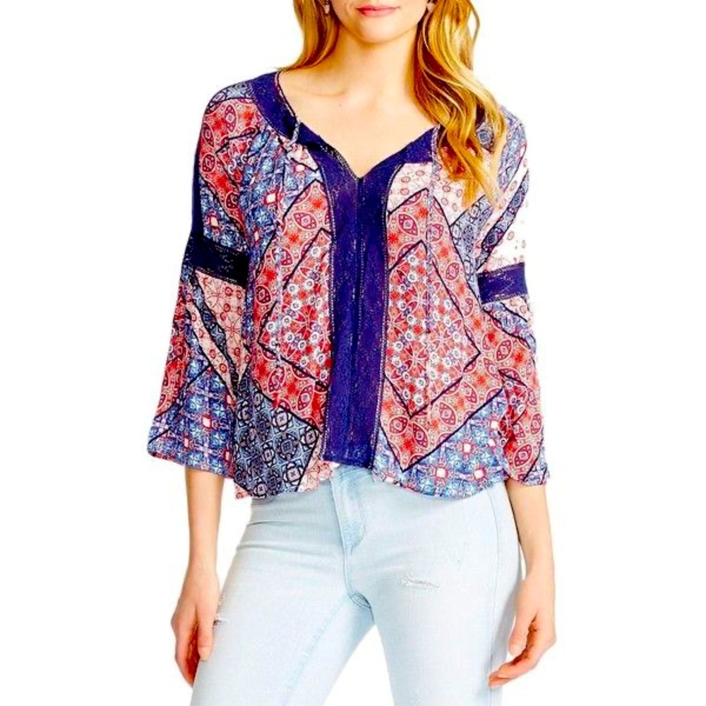 NWT Jessica Simpson Alaya 3/4 Sleeve Patchwork Lace Peasant Top in Bandana Large